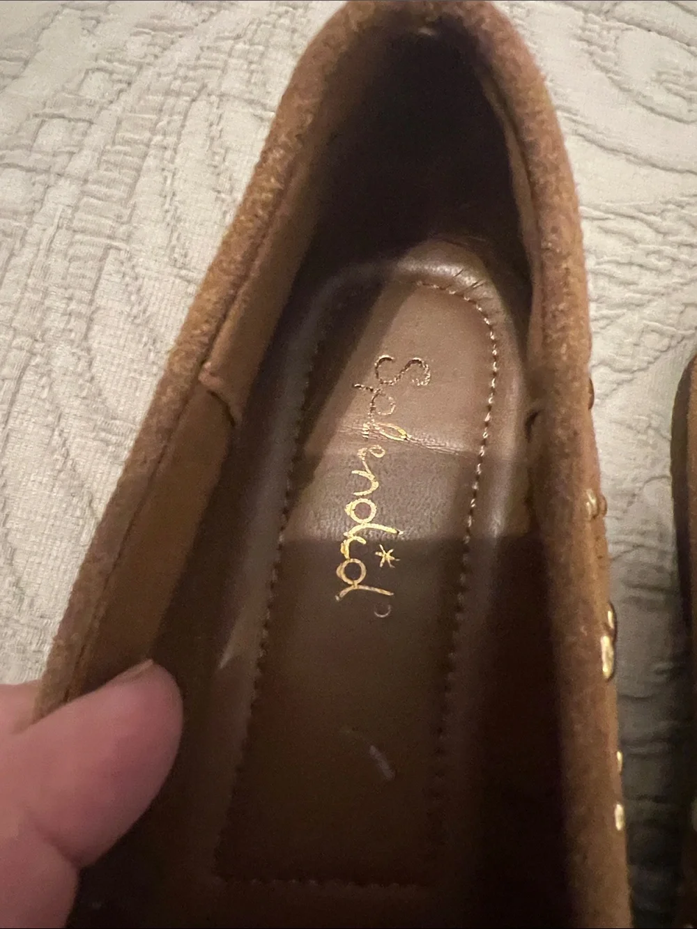 Splendid Tan Suede Pointed-Toe Flats with Gold Studs